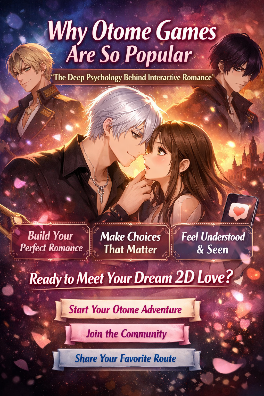 Discover why otome games captivate millions. From emotional storytelling and player choice to gorgeous art and supportive communities, learn the psychology behind the addictive appeal of interactive romance.